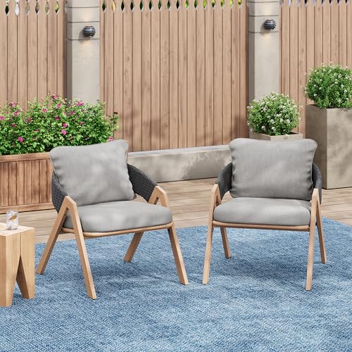 Lucia Metal Lounge Chair Outdoor Set of 2, Woven Rattan Patio Accent Chair with Curved Backrest, Patio Furniture Single Sofa Chair with Removable Cushion, Grey+Teak