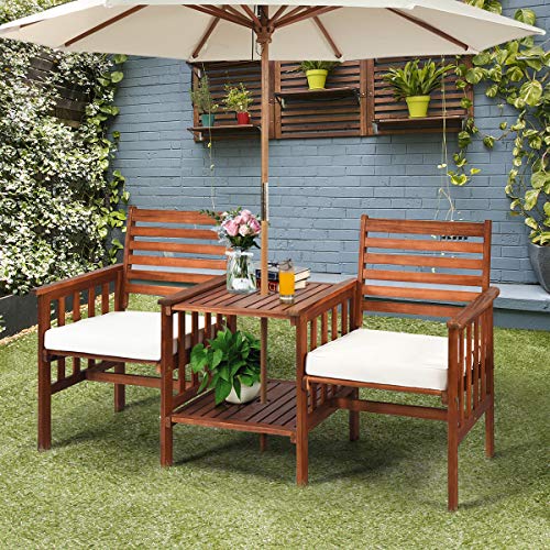 Acacia Wood Loveseat, 3pcs Outdoor Table Chairs Set, Patio Conversation Set w/Coffee Table and Soft Cushions, 2.1-inch Umbrella Hole, 2-Seater Furniture Set (White)