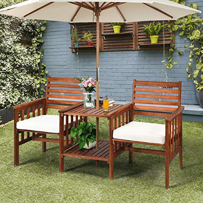 Acacia Wood Loveseat, 3pcs Outdoor Table Chairs Set, Patio Conversation Set w/Coffee Table and Soft Cushions, 2.1-inch Umbrella Hole, 2-Seater Furniture Set (White)
