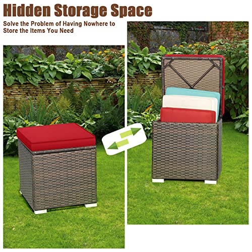 Outdoor Storage Ottoman Wicker 2 Piece, Patio Ottomans PE Rattan Foot Rest Footstool with Cushions for Couch, Chair, Red