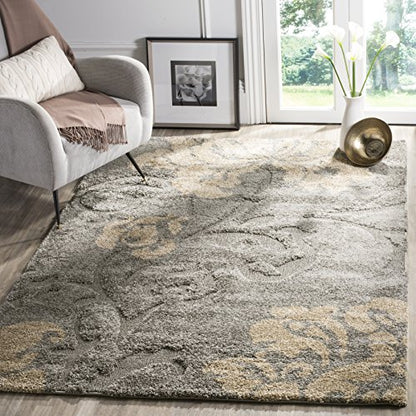 SAFAVIEH Florida Shag Collection Area Rug - 8'6" x 12', Grey & Beige, Floral Design, Non-Shedding & Easy Care, 1.2-inch Thick Ideal for High Traffic Areas in Living Room, Bedroom (SG458-8013)