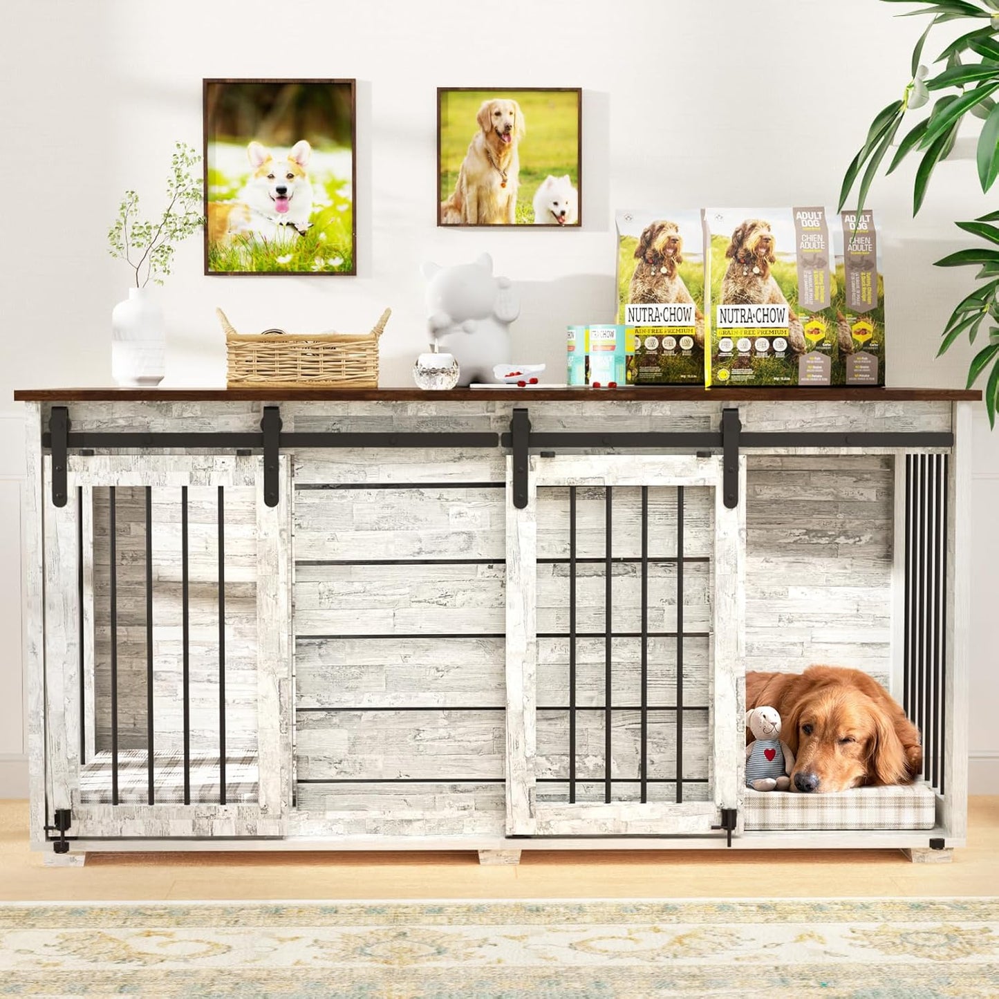 Dog Crate Furniture, 63''Wooden Dog Kennel with Removable Divider and Sliding Door, Dog Crates with Double Rooms, Heavy Duty Dog Crate Table Indoor TV Stand for Small Medium Large Dogs