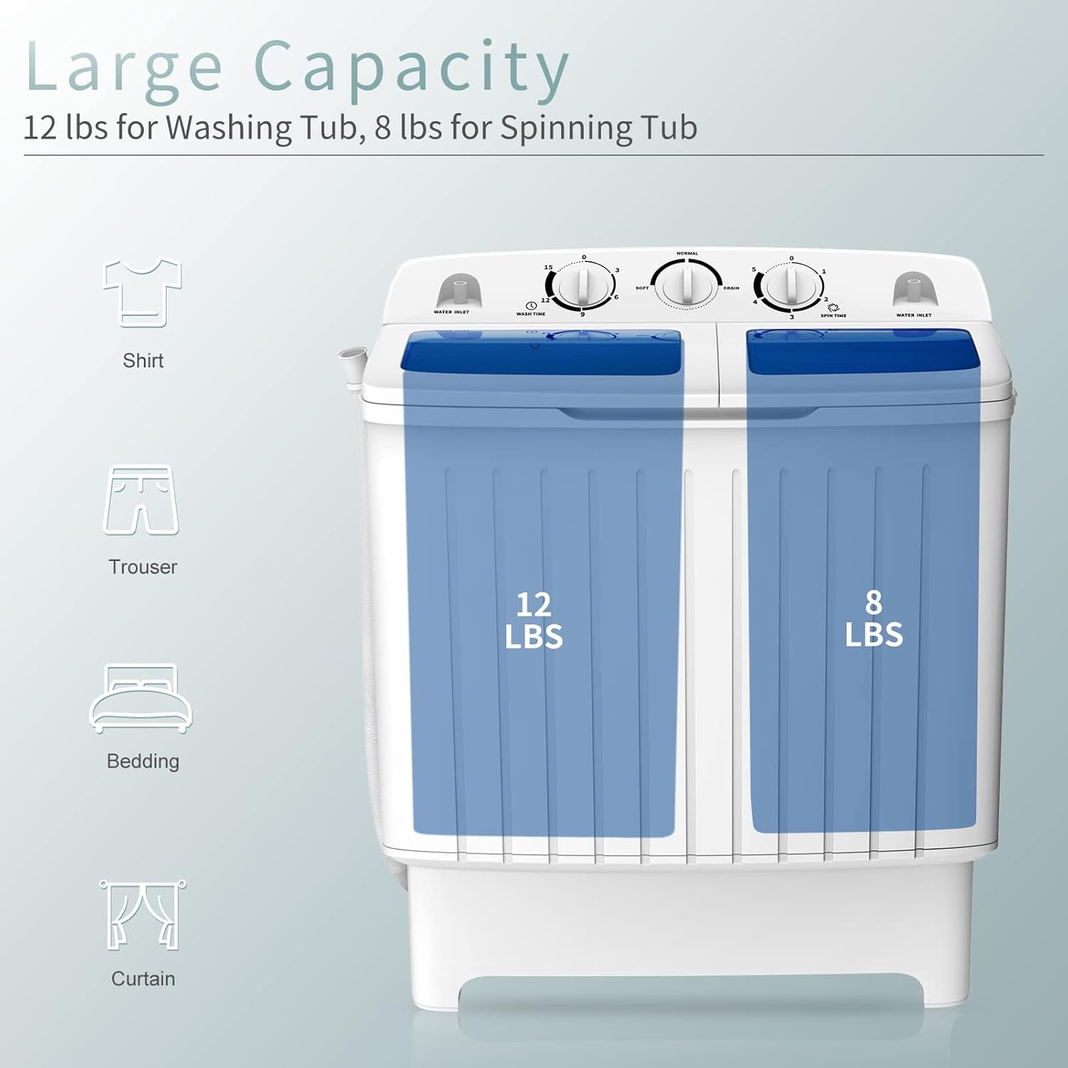Portable Washing Machine, Twin Tub 20 Lbs Capacity, Compact Laundry Washer(12 Lbs) and Spinner(8 Lbs), Durable Design, Timer Control, Perfect for RV, Apartments and Dorms, Blue+White