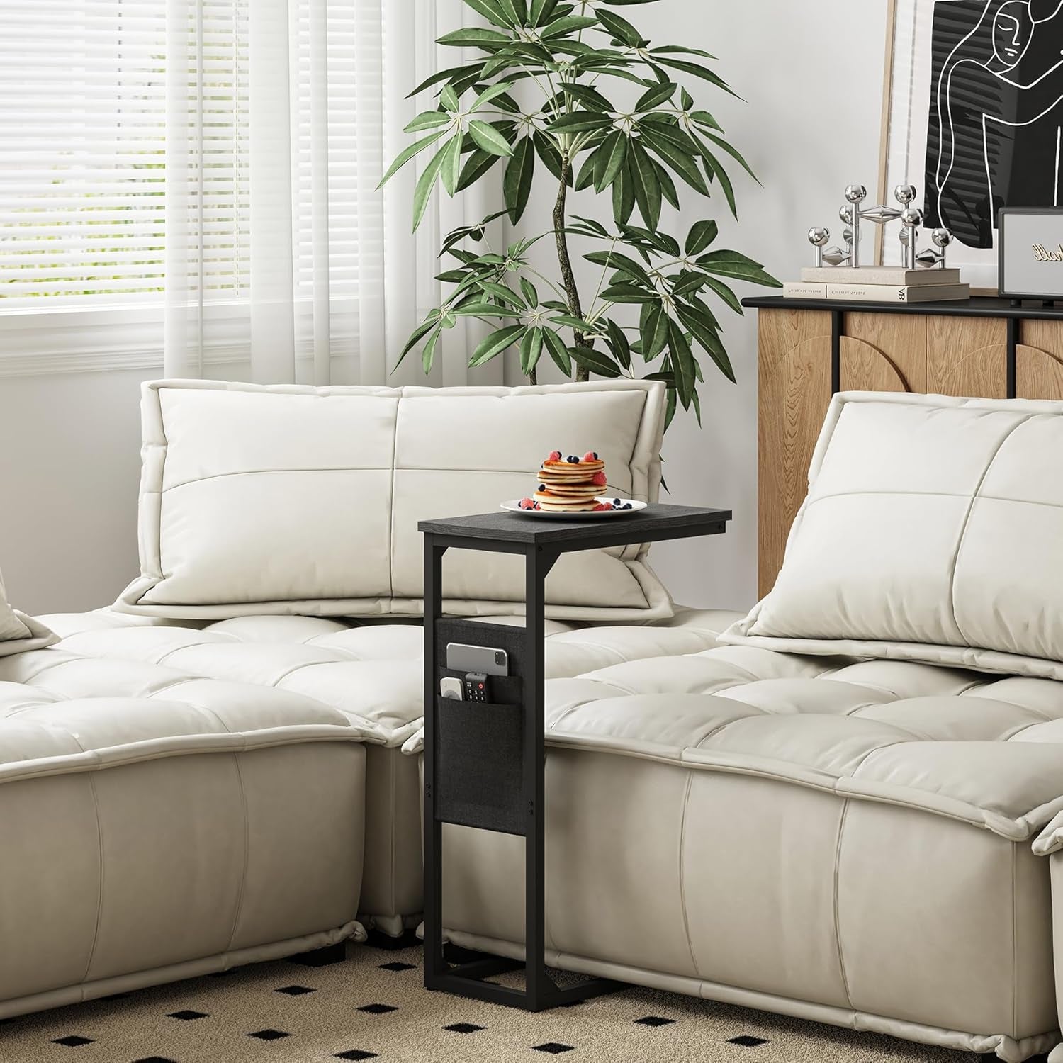C Shaped End Table, Side Table for Couch, Sofa Table with Storage Bag, TV Tray for Living Room, Bedroom, Black TB01BK082