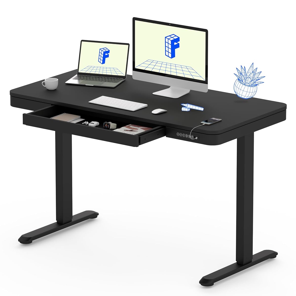 FLEXISPOT Comhar Electric Standing Desk with Drawer Desktop & Adjustable Frame Quick Install w/USB Charge Ports (Black, Wood)