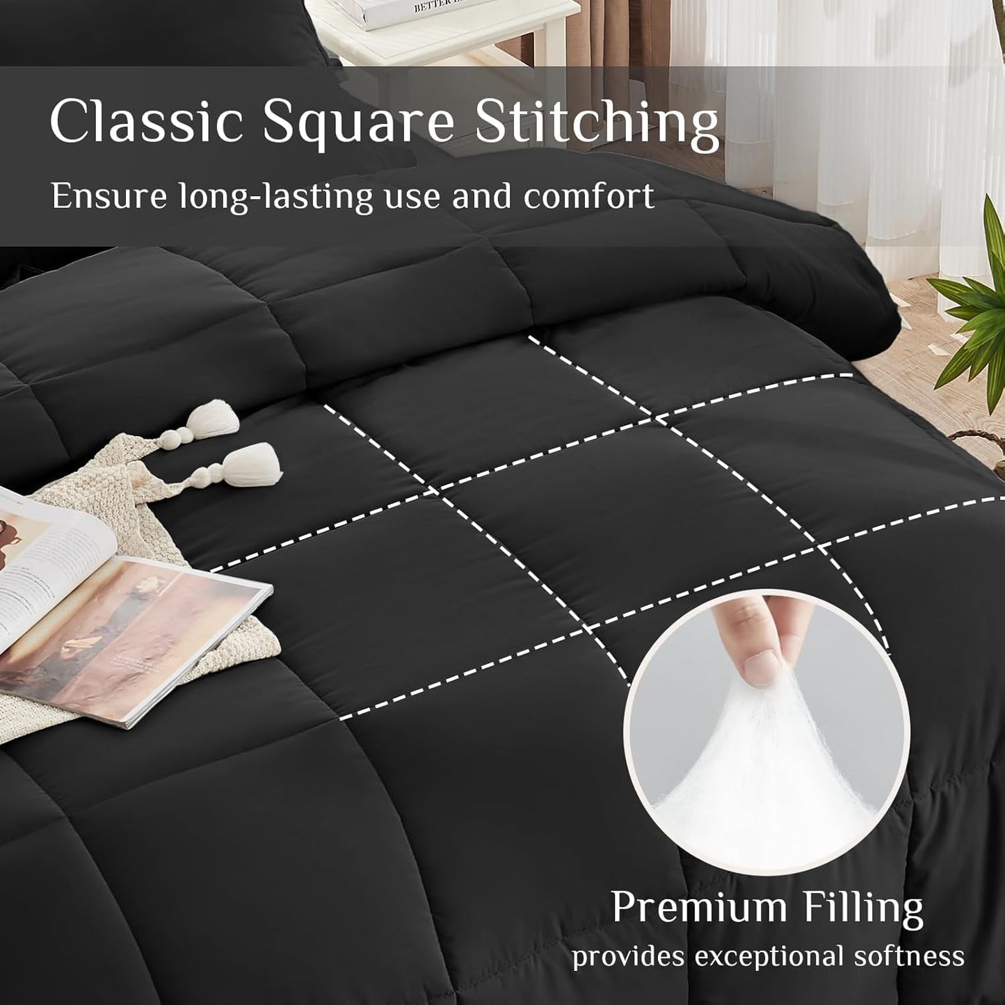 Queen Comforter Set, Ultra-Soft Bed in a Bag Queen Size 7 Pieces, Oeko-Tex Certified Bedding Set with down Alternative Comforter, Sheets, Pillowcases & Shams, Black