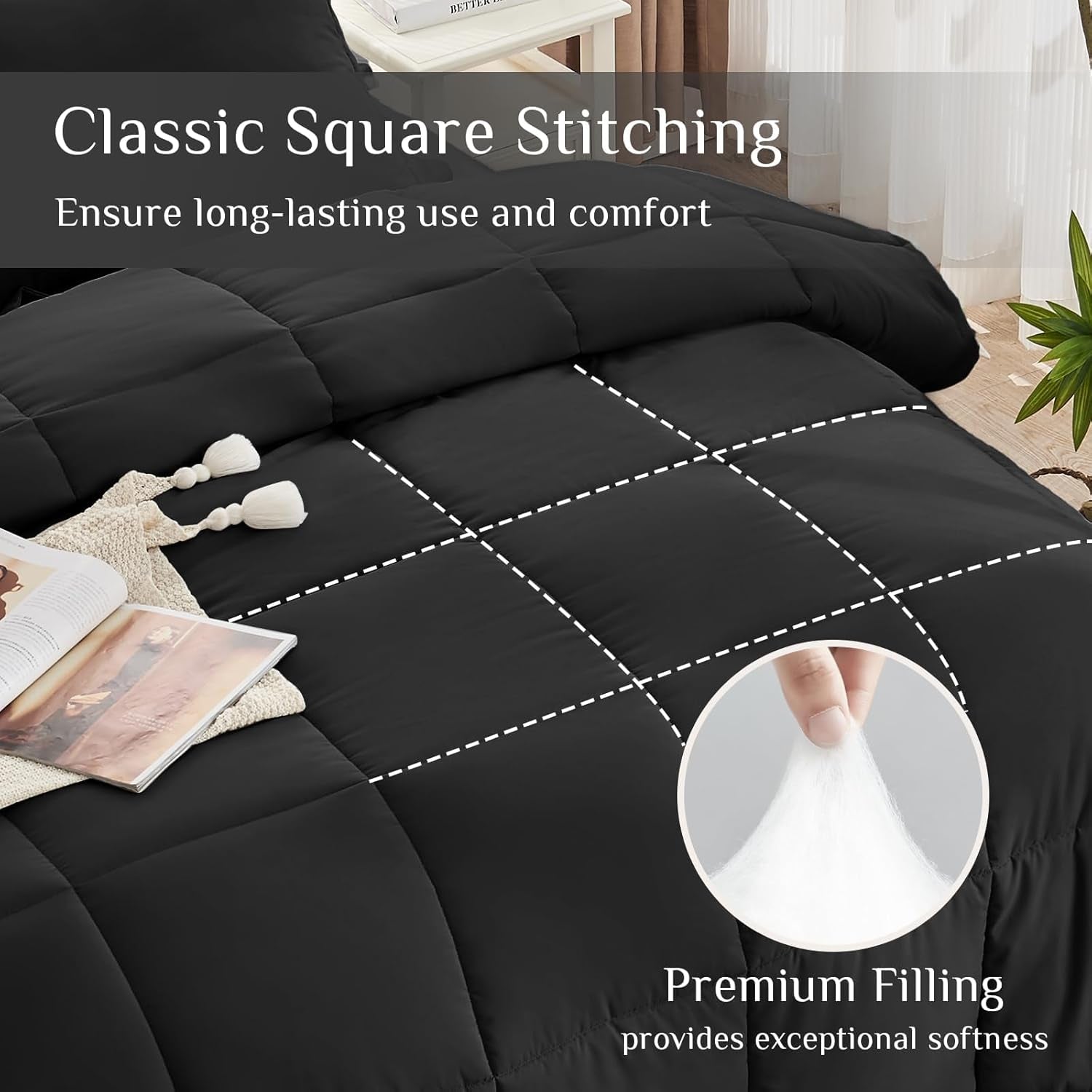 Queen Comforter Set, Ultra-Soft Bed in a Bag Queen Size 7 Pieces, Oeko-Tex Certified Bedding Set with down Alternative Comforter, Sheets, Pillowcases & Shams, Black