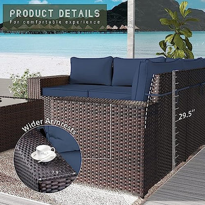 6 PCS Outdoor Patio Furniture Set,Outdoor Sectional Furniture All Weather PE Rattan Wicker Patio Conversation Set with Coffee Table and 5 Thickened Cushions,Navy Blue
