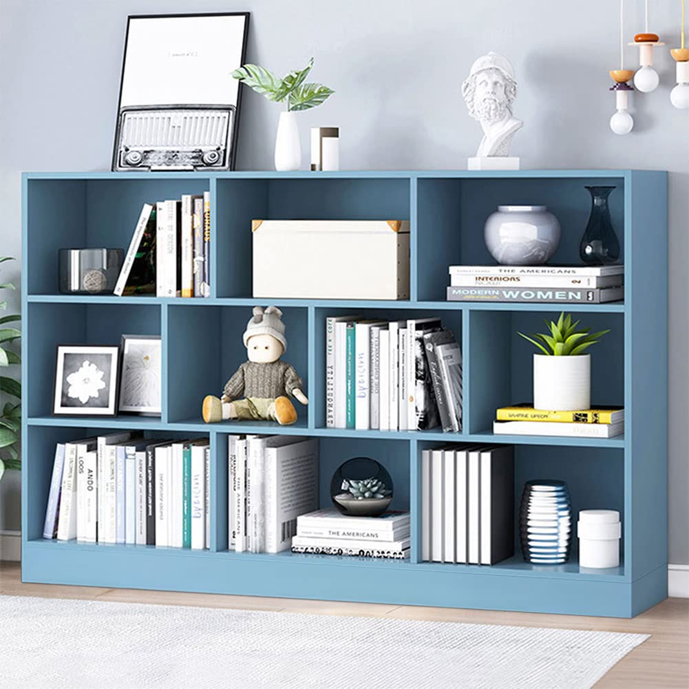 IOTXY Open Shelf Low Bookcase - Wooden 3-Tier Cube Bookshelf, Bright Blue