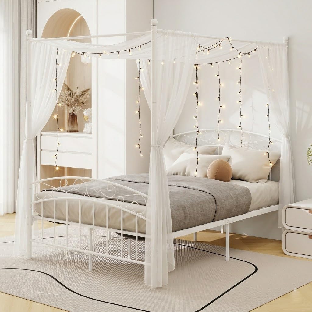 Metal Canopy Bed Frame Full Size with Headboard & Footboard