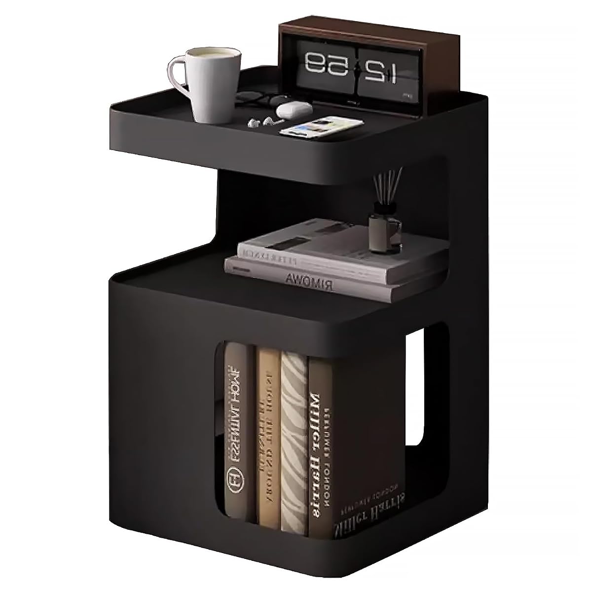 Black Side Table,Modern end Table for Sofa & Couch,3-Tier Metal nightstand,Small Bedside Table with Storage for Bedroom,Living Room,Small Space.No Assembly Required