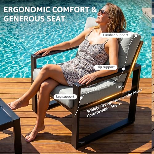 4 Pieces Patio Furniture Sets,Outdoor Metal Sectional Furniture Modern Patio Conversation Set,Fauxwood Anti-Scald Armrest,Sling Mesh,Tempered-Glass Table,4" Olefin Cushions