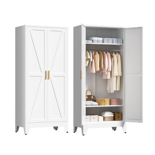 71" Tall Metal Wardrobe Closet with Adjustable Shelves and Hanging Rod