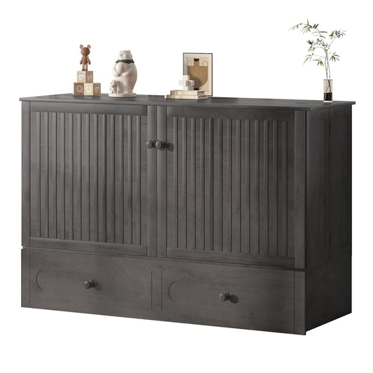 Queen Murphy Bed Cabinet with Drawers, Modern Versatile Wood Chest Cabinet Wall Bed with USB Charging Station, Wooden Guest Beds for Bedroom Home Apartment, No Tri-Fold Mattress - Dark Grey