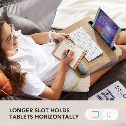 Portable Lap Laptop Desk with Pillow Cushion, Fits up to 15.6 Inch Laptop, with Anti-Slip Strip & Storage Function for Home Office Students Use as Computer Laptop Stand, Book Tablet