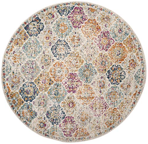 SAFAVIEH Madison Collection Area Rug - 5'3" Round, Cream & Multi, Boho Chic Distressed Design, Non-Shedding & Easy Care, Ideal for High Traffic Areas in Living Room, Bedroom (MAD611B)