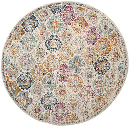 SAFAVIEH Madison Collection Area Rug - 5'3" Round, Cream & Multi, Boho Chic Distressed Design, Non-Shedding & Easy Care, Ideal for High Traffic Areas in Living Room, Bedroom (MAD611B)