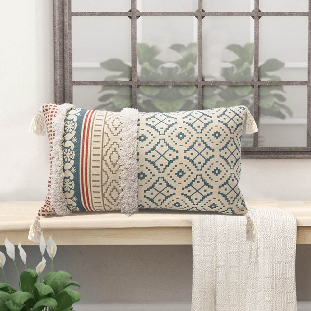 Lumber Boho Throw Pillow Cover for Couch Sofa - Cotton Hand-Woven Tufted Moroccan Decorative Pillows Cover with Tassels for Farmhouse Living Room Bedroom Car Hotel - Blue 12 x 20 Inches