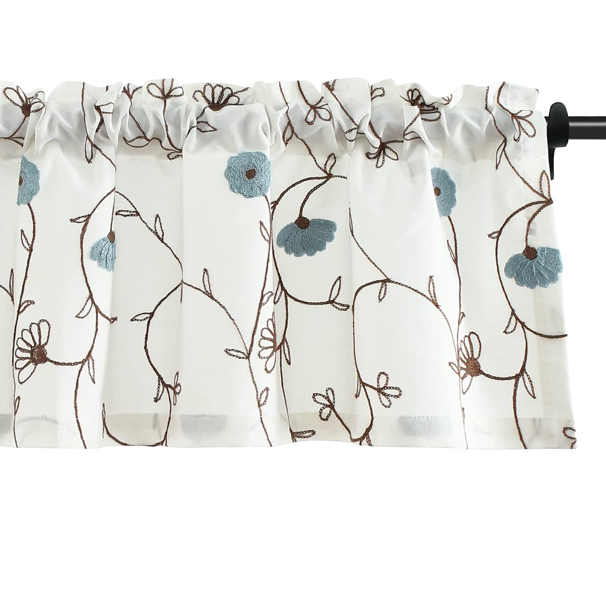 Blue Floral Embroidered Kitchen Valance, 52 x 14 Inches