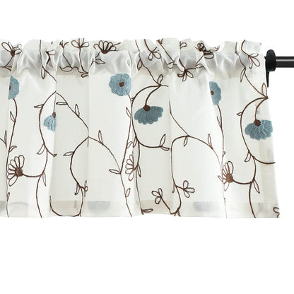 Blue Floral Embroidered Kitchen Valance, 52 x 14 Inches
