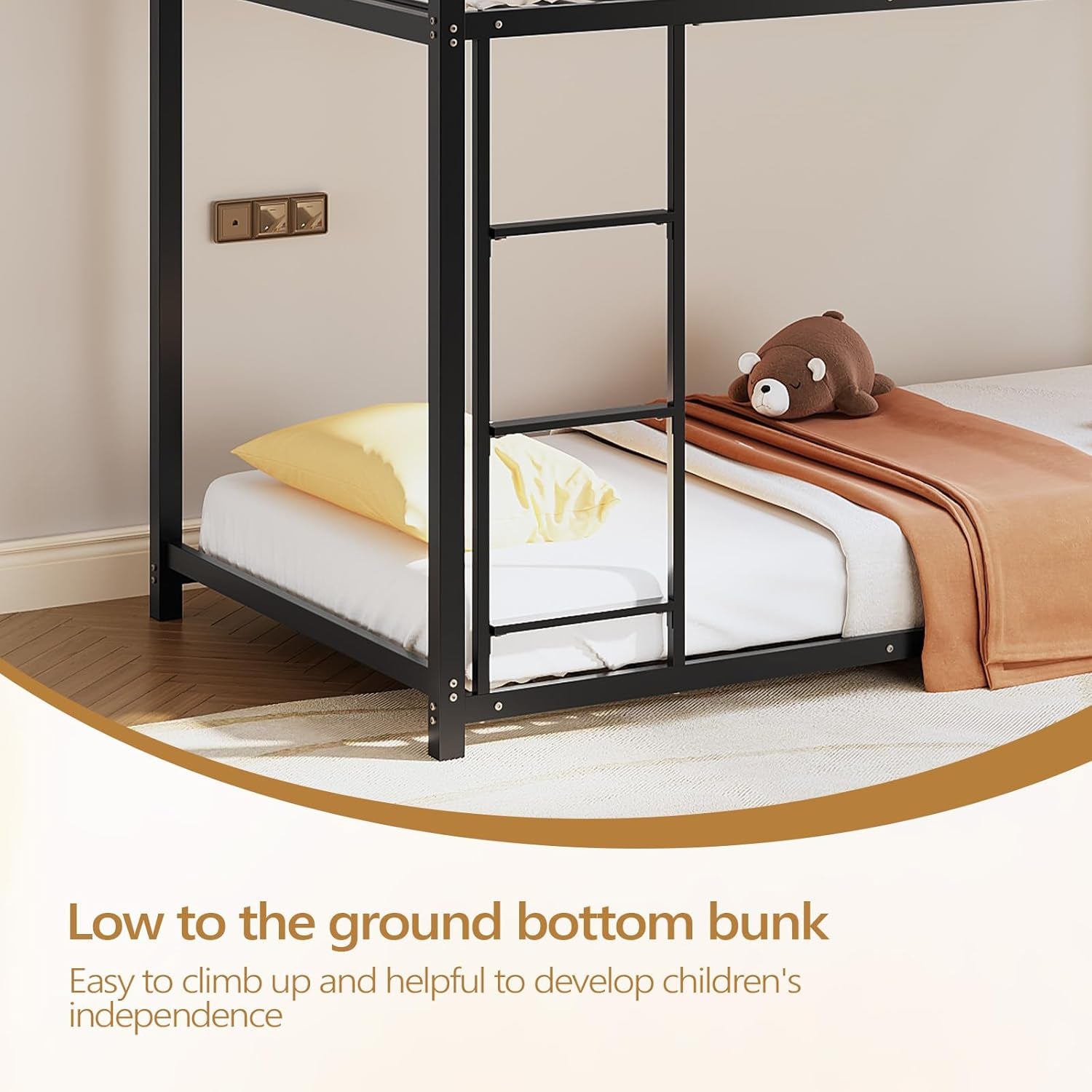 Metal Bunk Bed Full over Full, Twin Size Bed Frame for Boys Girls, Junior, Low Profile Bunk, Space Saving Design, Mattress Not Included (Silver)