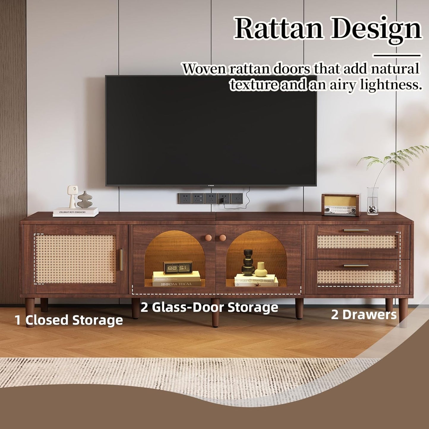 Rattan TV Stand with LED Lights, 70" Entertainment Center with 3 Cabinets & 2 Drawers Media Console Table for Tvs up to 80", Solid Wood Feet, Living Room, Bedroom Furniture