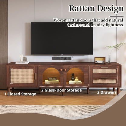 Rattan TV Stand with LED Lights, 70" Entertainment Center with 3 Cabinets & 2 Drawers Media Console Table for Tvs up to 80", Solid Wood Feet, Living Room, Bedroom Furniture