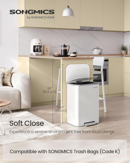 Kitchen Trash Can, 13-Gallon (50 L) Garbage Can with Lid, Stainless Steel, Soft Close and Stays Open, Inner Bucket, Wide Non-Slip Pedal, Cloud White ULTB547W01