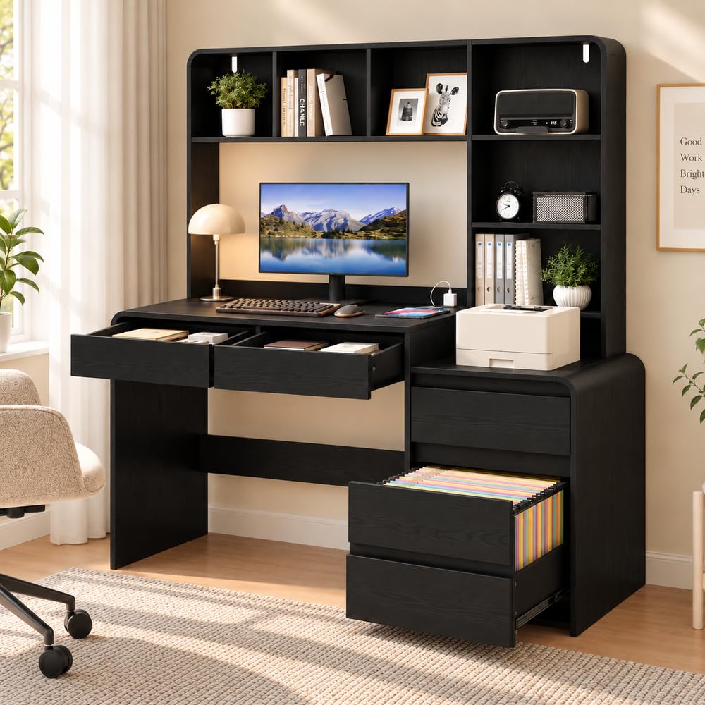 55.1" Computer Desk with Hutch & 4 Storage Drawers,Black