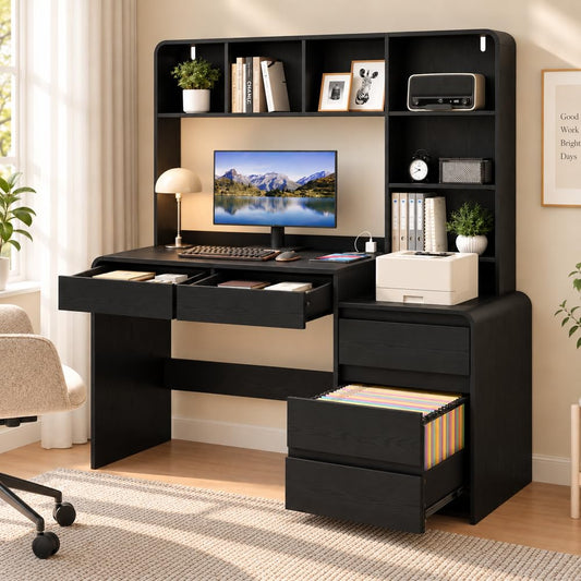 55.1" Computer Desk with Hutch & 4 Storage Drawers,Black