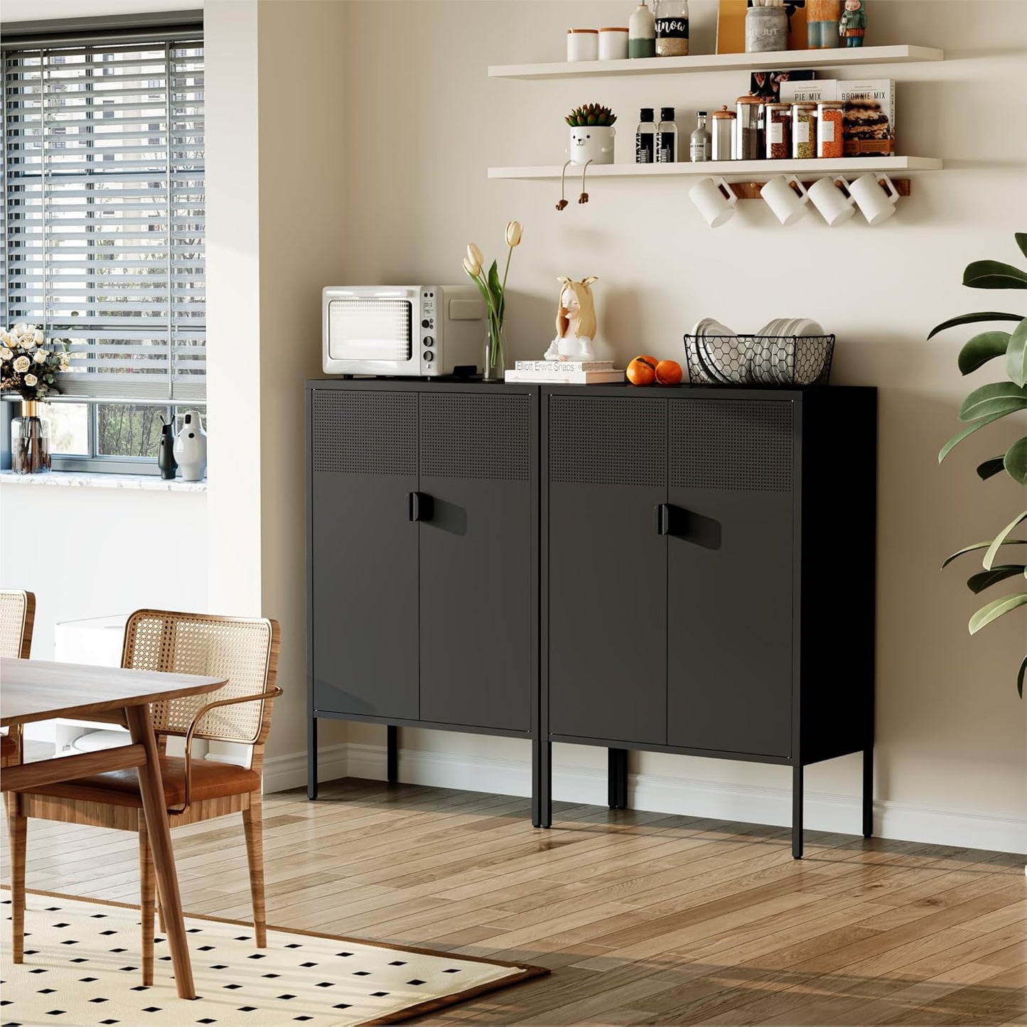 Black Metal Cabinet with Adjustable Shelves, 47”H Industrial Buffet Sideboard & Coffee Bar Station, Ventilated Steel Storage Cabinet with Magnetic Doors for Kitchen, Office, Living Room