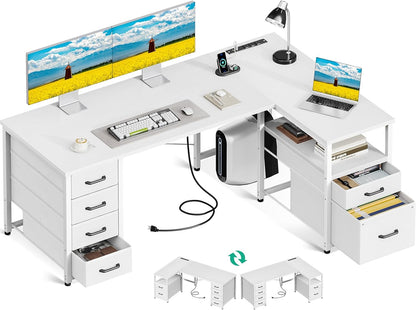 L Shaped Computer Desk with 6 Drawers & Power Outlet, 55 Inch Corner Desk with Reversible Storage Shelf & File Drawer, Home Office Desk, White