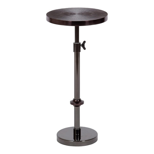 Engles Transitional Adjustable-Height Pedestal Drink Table; 10 x 10 x 30; Gray Gunmetal; Vintage Round Indoor Metal Plant Stand with Embossed Sunburst Pattern