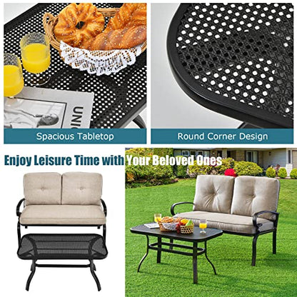 Patio Loveseat with Table Set, 2 Seat Cushioned Sofa with Coffee Table, Patio Conversation Sofa Set with Rustproof Frame, 2 Pieces Outdoor Furniture Set for Garden, Poolside, Balcony (Beige)