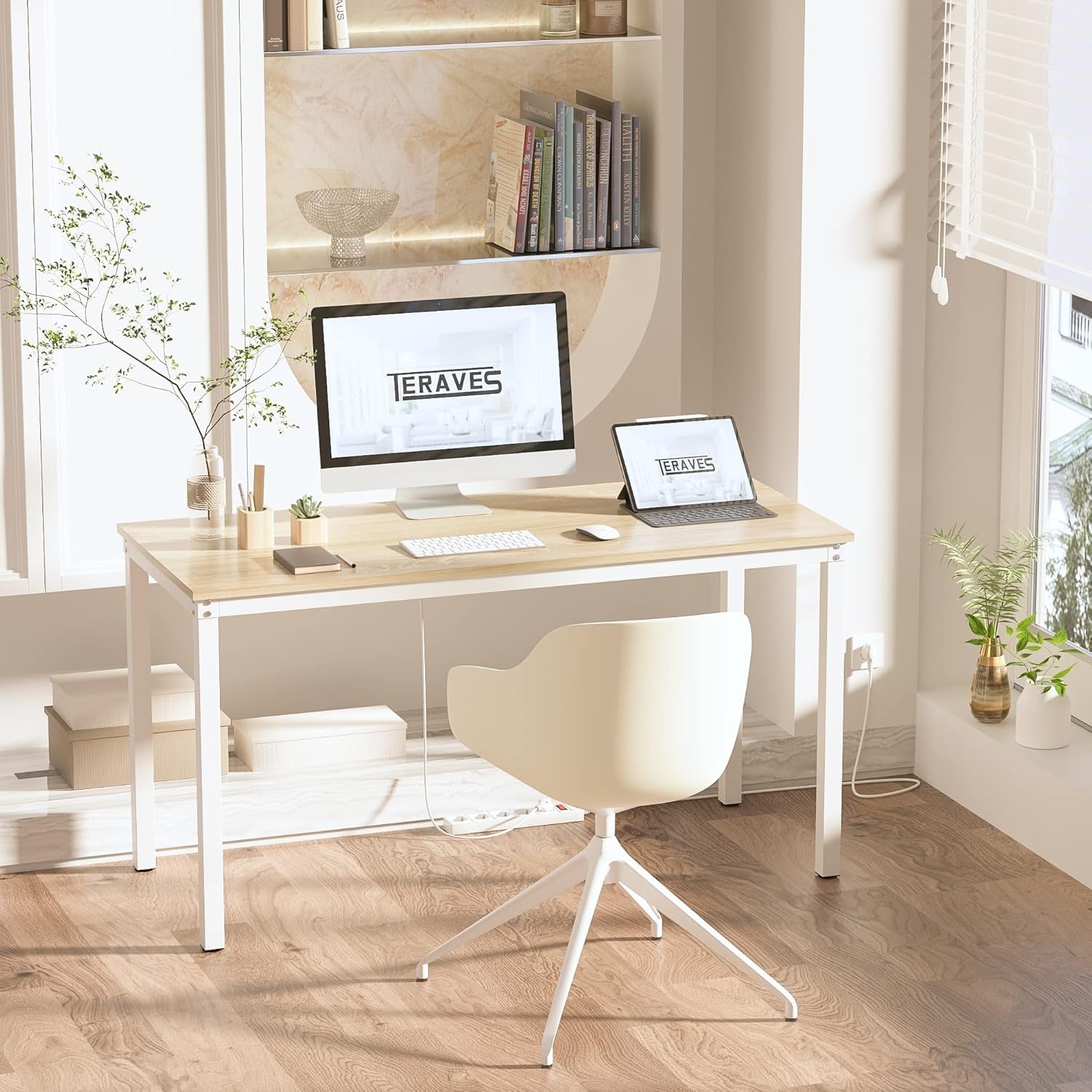 Computer Desk/Dining Table Office Desk Sturdy Writing Workstation for Home Office (47.24”, Beige + White Frame)