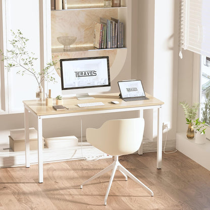 Computer Desk/Dining Table Office Desk Sturdy Writing Workstation for Home Office (47.24”, Beige + White Frame)
