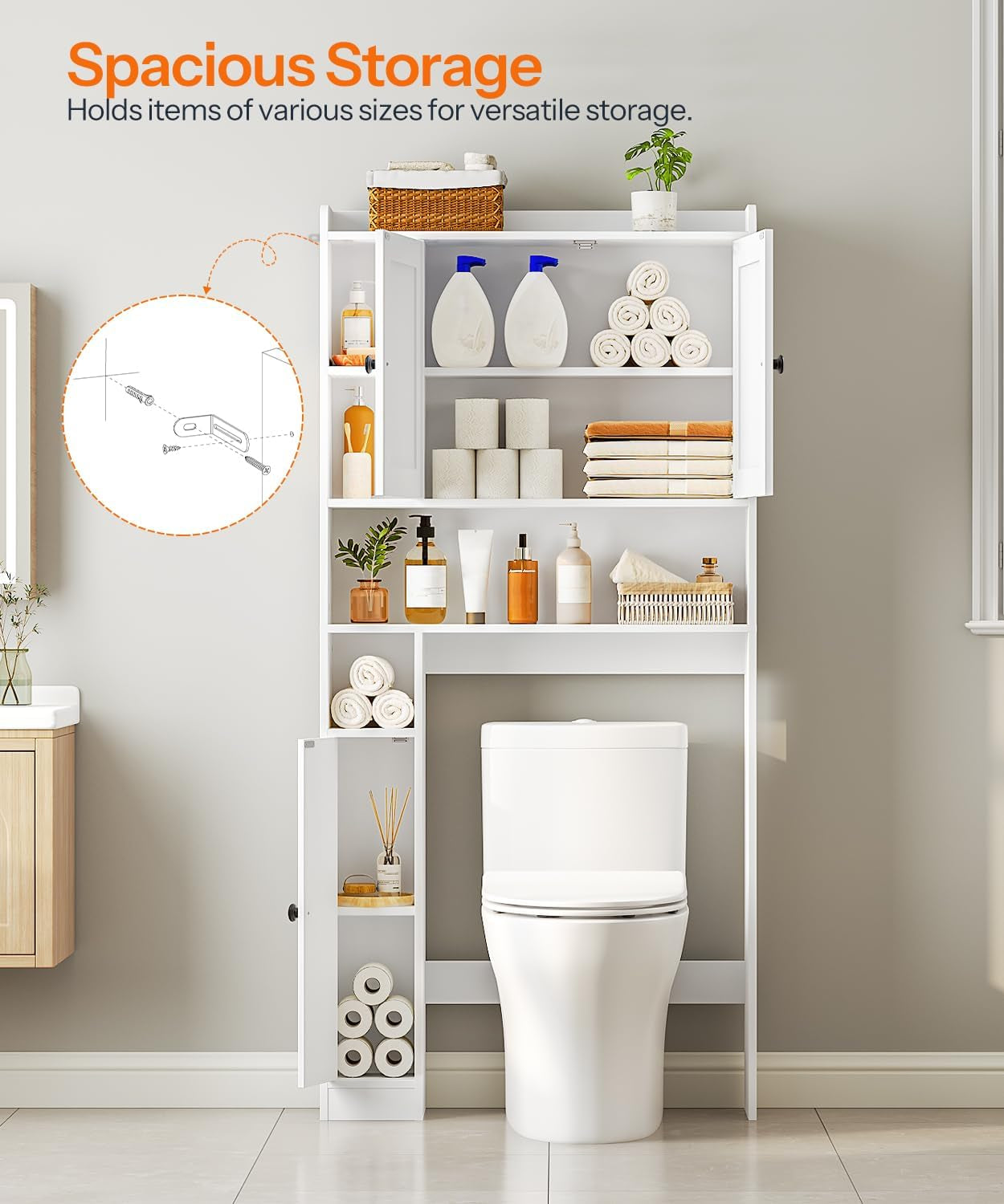over the Toilet Storage Cabinet, Farmhouse over Toilet Bathroom Organizer with Doors and Adjustable Shelves, 31.5" W X 7.5" Dx 66.7" H, Space-Saving for Bathroom, Laundry, White WT80TS01N1