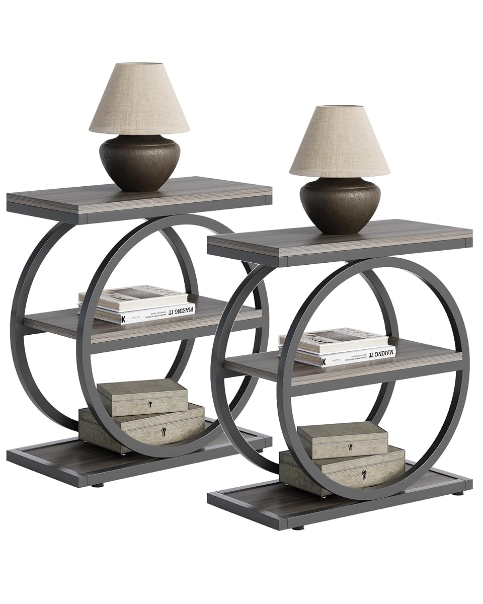 End Table, 3-Tier Side Table, Slim Sofa Side Table for Living Room, Tall Bedside Table Nightstand for Bedroom, Grey and Black
