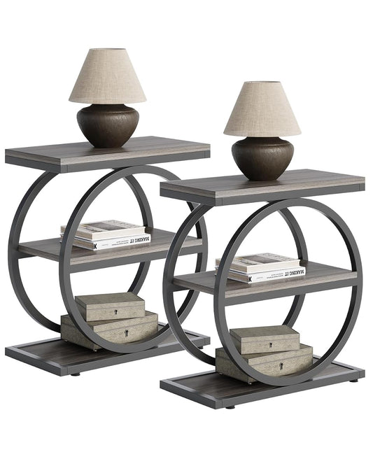 End Table, 3-Tier Side Table, Slim Sofa Side Table for Living Room, Tall Bedside Table Nightstand for Bedroom, Grey and Black