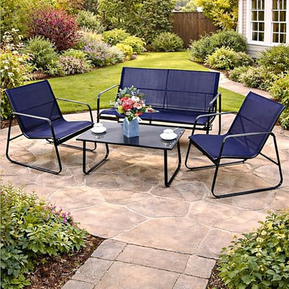 Sofia 4-Piece Patio Conversation Set, Outdoor Furniture Set with Loveseat, 2 Chairs & Table, Breathable Textilene Seating, Powder-Coated Metal Frame, All-Weather for Balcony Backyard Navy Blue