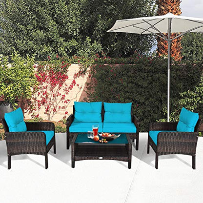 4-Piece Patio Furniture Set Outdoor Rattan Wicker Conversation Set with Coffee Table, Sectional Sofa Bistro Set with Cushions for Garden Poolside Backyard