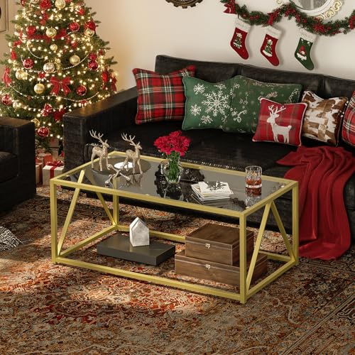 Glass Coffee Table, Gold Coffee Tables for Living Room, Gold Glass Coffee Table,1 Layer Center Table, Modern, for Apartment, Office, 39.4 x 19.7 x 17.7 Inches, Easy Assembly, Golden GD04KF01