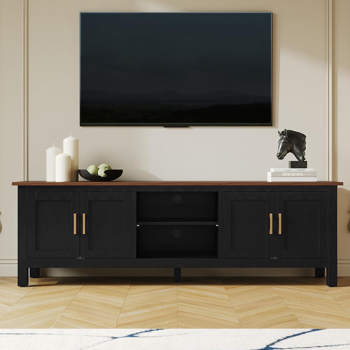 63" TV Stand, Farmhouse Entertainment Center with Storage，Black