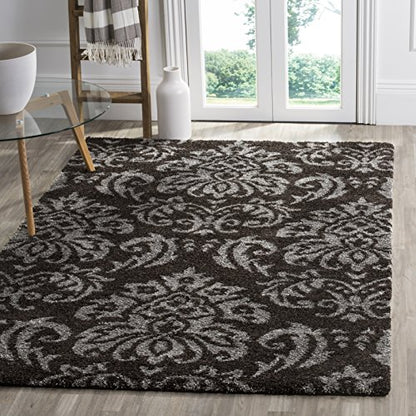 SAFAVIEH Florida Shag Collection Area Rug - 5' Square, Dark Brown & Smoke, Damask Design, Non-Shedding & Easy Care, 1.2-inch Thick Ideal for High Traffic Areas in Living Room, Bedroom (SG460-2879)