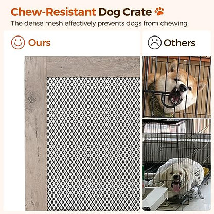 Corner Dog Crate Furniture, Wooden Dog Kennel End Table, Decorative Pet Crate Indoor Use, Furniture Style Dog House for Small Medium Dog, Dog Cage TV Stand, Greige and Black DCHG0801