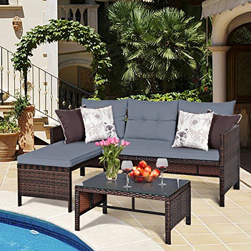 3 Pieces Patio Furniture Set, Sectional Rattan Wicker Sofa Set with Steel Frame & Seat Cushion, Outdoor Conversation Set for Garden Lawn Pool Backyard