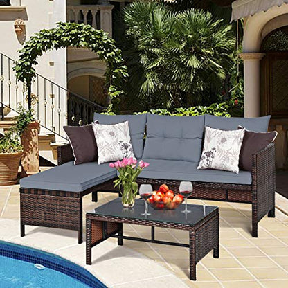3 Pieces Patio Furniture Set, Sectional Rattan Wicker Sofa Set with Steel Frame & Seat Cushion, Outdoor Conversation Set for Garden Lawn Pool Backyard