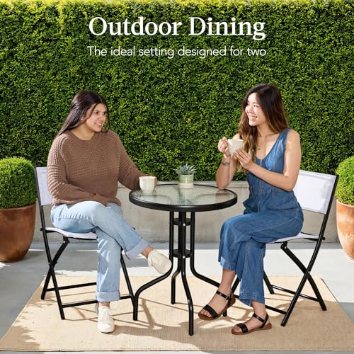 Best Choice Products 3-Piece Patio Bistro Dining Furniture Set w/Textured Glass Tabletop, 2 Steel Folding Chairs, Polyester Fabric - White