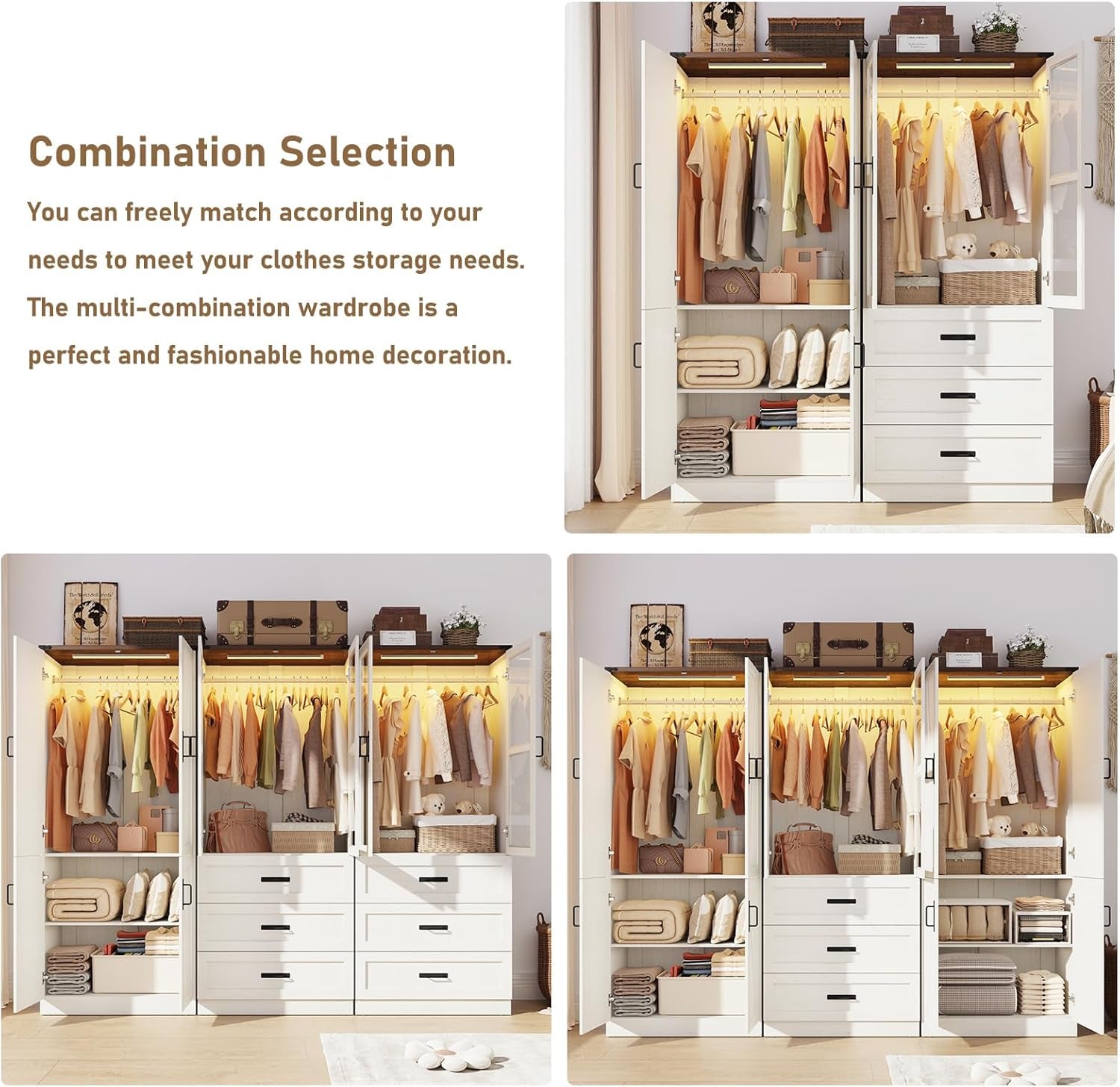 75" Tall Farmhouse 2 Doors Armoire Wardrobe Closet with 3 Drawers and Led,Freestanding Closet Wardrobe Cabinet for Bedroom with Hanging Rod,Wooden Armoire Storage Cabinet Adjustable(Rustic off White)