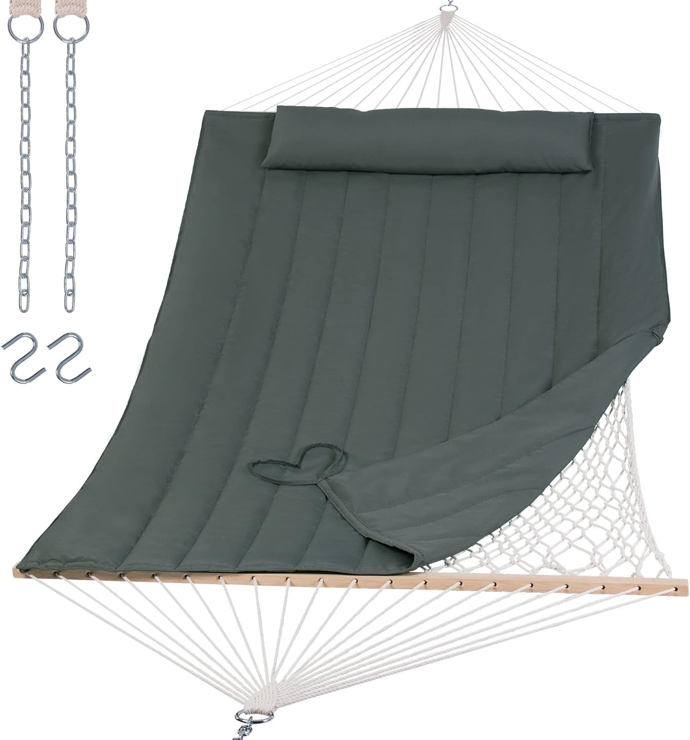 Portable Double Rope Hammock with Pad, Two Person Tree Hammock for Garden, Backyard, Patio, Poolside, Gray Green
